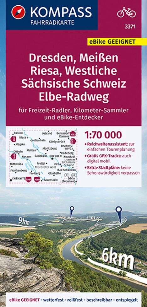 KOMPASS Fahrradkarte 3371 Dresden, Meißen, Westliche Sächsische Schweiz 1:70.000, Karten