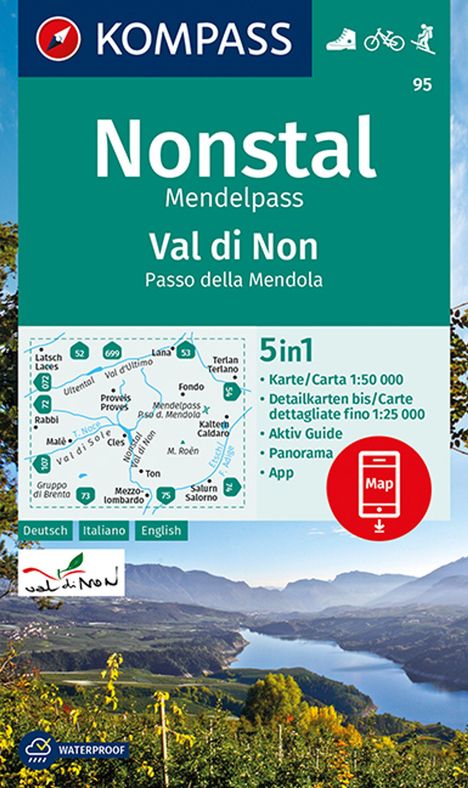KOMPASS Wanderkarte 95 Nonstal, Mendelpass, Val di Non, Passo della Mendola 1:50.000, Karten