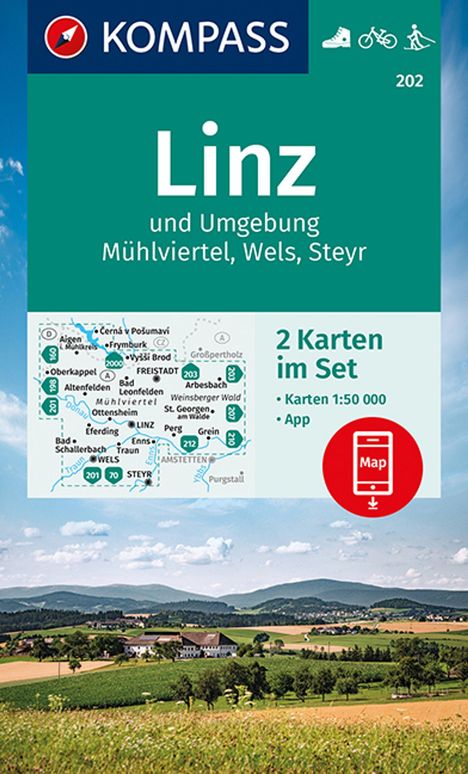 KOMPASS Wanderkarten-Set 202 Linz und Umgebung, Mühlviertel, Wels, Steyr (2 Karten) 1:50.000, Karten