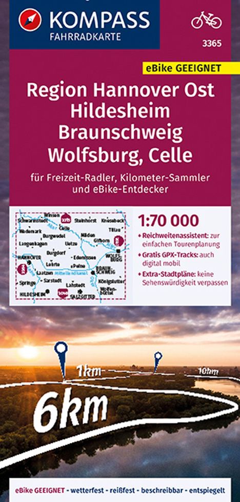 KOMPASS Fahrradkarte 3365 Region Hannover Ost, Hildesheim, Braunschweig, Wolfsburg, Celle 1:70.000, Karten