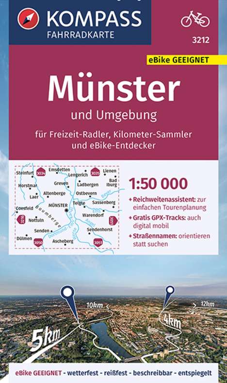 KOMPASS Fahrradkarte 3212 Münster und Umgebung mit Knotenpunkten 1:50.000, Karten