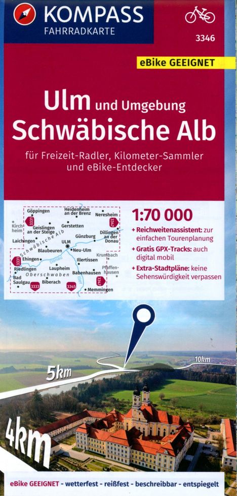 KOMPASS Fahrradkarte 3346 Ulm und Umgebung, Schwäbische Alb 1:70.000, Karten