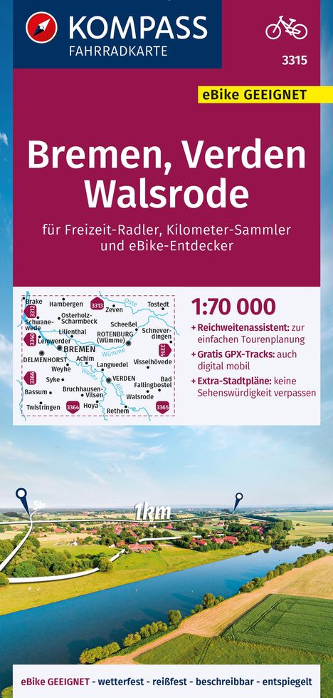 KOMPASS Fahrradkarte 3315 Bremen, Verden, Walsrode 1:70.000, Karten