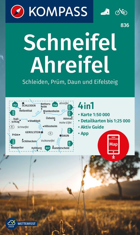 KOMPASS Wanderkarte 836 Schneifel, Ahreifel, Schleiden, Prüm, Daun, Eifelsteig 1:50.000, Karten