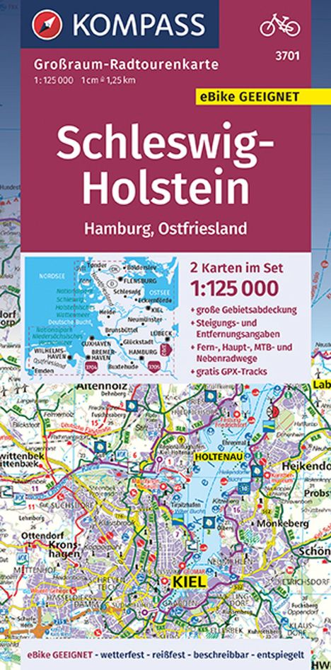KOMPASS Großraum-Radtourenkarte 3701 Schleswig-Holstein, Hamburg, Ostfriesland 1:125.000, Karten