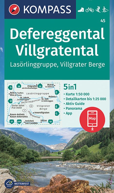 KOMPASS Wanderkarte 45 Defereggental, Villgratental, Lasörlinggruppe, Villgrater Berge 1:50.000, Karten