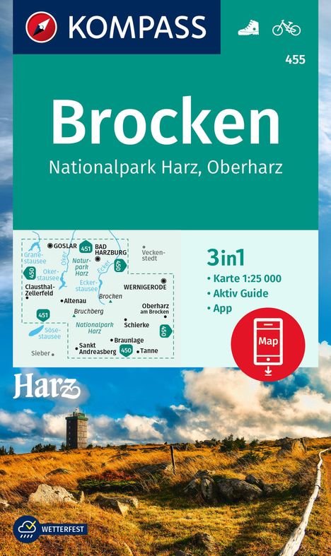 KOMPASS Wanderkarte 455 Brocken, Nationalpark Harz, Oberharz 1:25.000, Karten