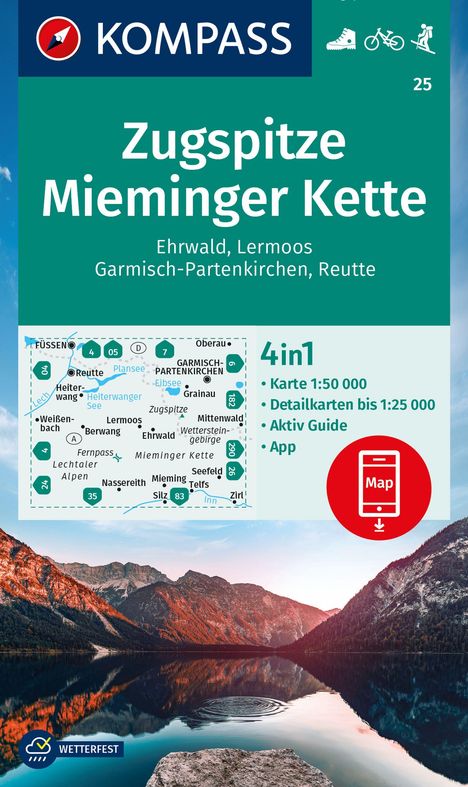 KOMPASS Wanderkarte 25 Zugspitze, Mieminger Kette, Ehrwald, Lermoos, Garmisch-Partenkirchen, Reutte 1:50.000, Karten