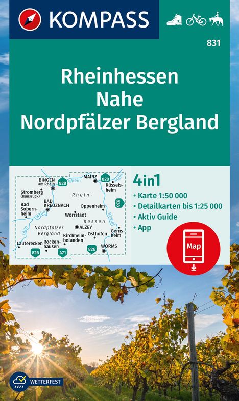 KOMPASS Wanderkarte 831 Rheinhessen, Nahe, Nordpfälzer Bergland 1:50.000, Karten