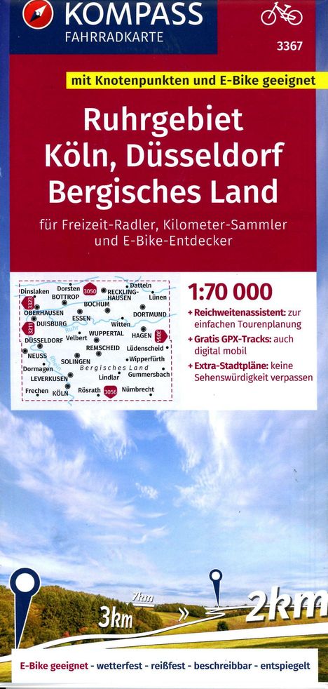 KOMPASS Fahrradkarte 3367 Ruhrgebiet, Köln, Düsseldorf, Bergisches Land mit Knotenpunkten 1:70.000, Karten