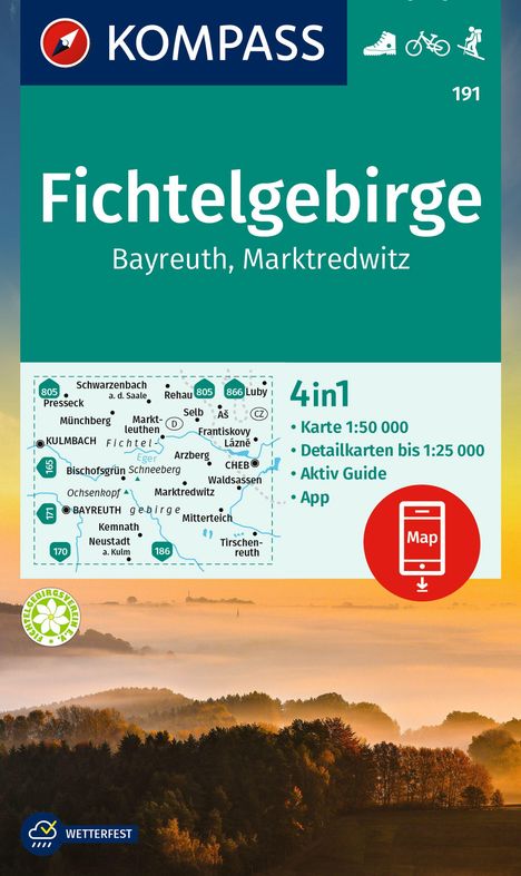 KOMPASS Wanderkarte 191 Fichtelgebirge, Bayreuth, Marktredwitz 1:50.000, Karten