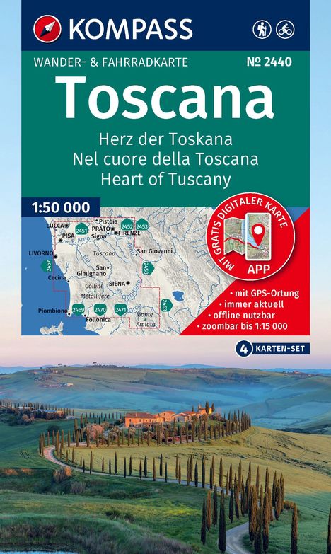 "Toscana: Herz der Toskana. Gratis digitale Karte, App mit GPS-Ortung. Landschaftsfoto mit Zypressen und Hügeln."
