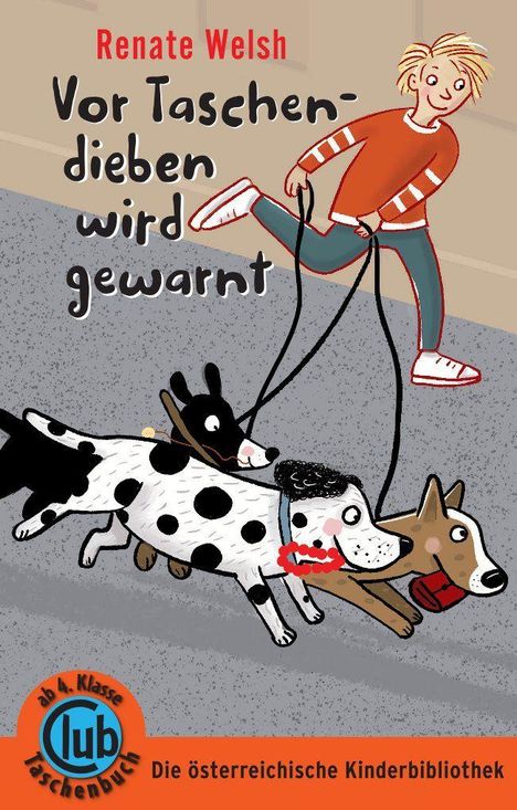 Renate Welsh, Vor Taschendieben wird gewarnt. Illustration eines Kindes, das drei Hunde an der Leine hat.