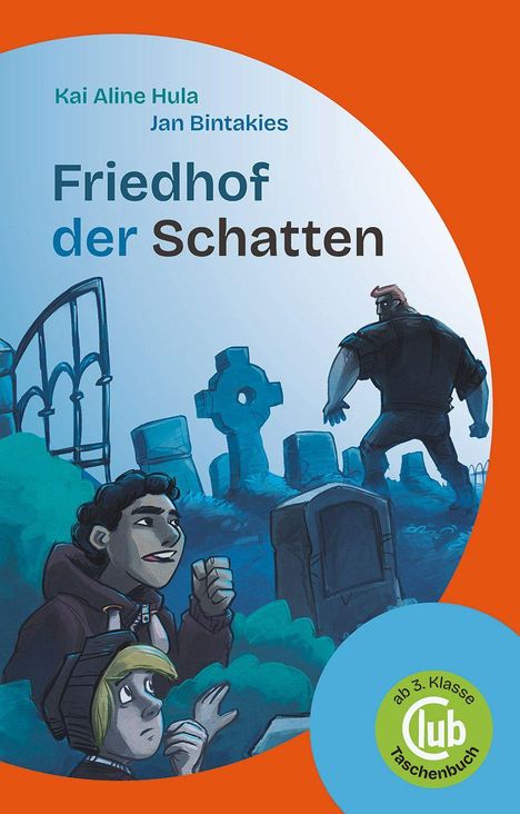 „Friedhof der Schatten“. Zwei Kinder verstecken sich hinter Gräbern, beobachten einen kräftigen Mann. Illustration.