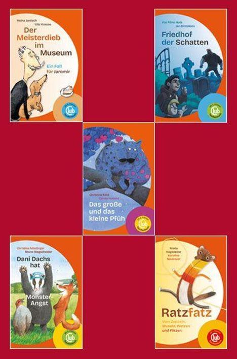 "Der Meisterdieb im Museum", "Friedhof der Schatten", "Das große und das kleine Pfuh", "Dani Dachs hat Monsterangst", "Ratzfatz". Buchcover mit Tieren.