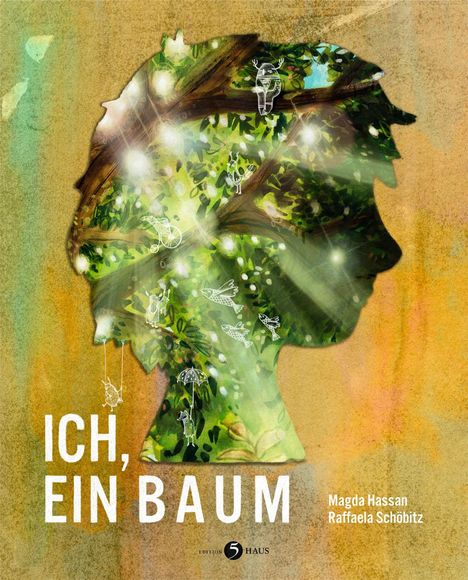 "ICH, EIN BAUM" in großen weißen Buchstaben. Eine Silhouette in Form eines Kopfes, gefüllt mit Blättern und funkelnden Lichtern.
