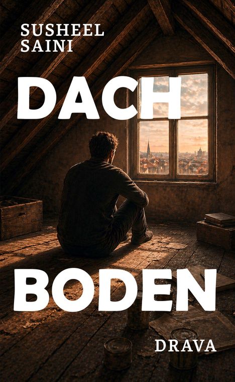 Im Dachboden sitzender Mann schaut aus dem Fenster auf eine Stadtlandschaft. Texte: "SUSHEEL SAINI", "DACHBODEN", "DRAVA".