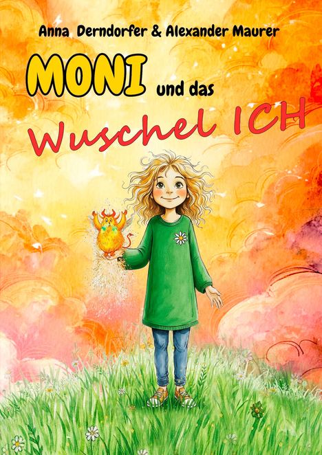 "Moni und das Wuschel Ich" in großen Buchstaben. Illustration: Mädchen im grünen Kleid, hält leuchtendes Fabelwesen.