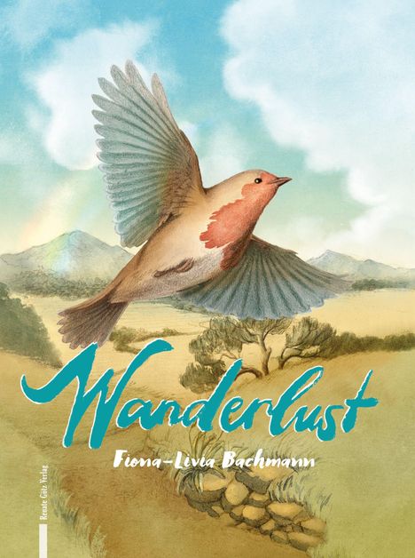 „Wanderlust“ und „Fiona-Livia Bachmann“ in heller Schrift. Illustration eines Vogels über einer Landschaft.