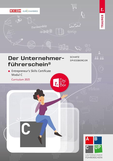 „Der Unternehmerführerschein®“, „Entrepreneur's Skills Certificate, Modul C, Curriculum 2025“. Illustration einer Person am Handy.