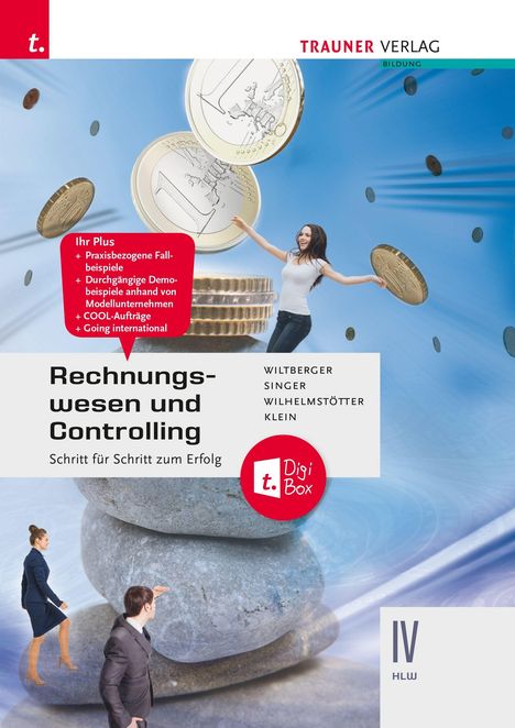 Text: „Rechnungswesen und Controlling“, „Ihr Plus“, „t.DigiBox“. Euro-Münzen, fröhliche Frau, zwei Personen an Steinen.