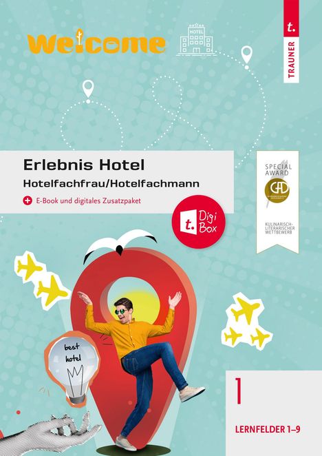 „Erlebnis Hotel“ oben, „Hotelkauffrau/Hotelkaufmann“ darunter. Illustration mit Mensch, Flugzeugen, Glühbirne.