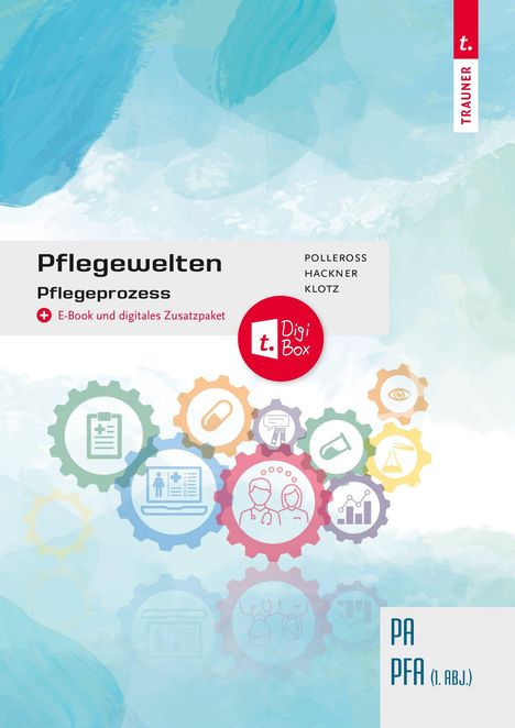 Text "Pflegewelten Pflegeprozess", "E-Book und digitales Zusatzpaket". Zahnrad-Icons, Wasserfarben-Hintergrund.