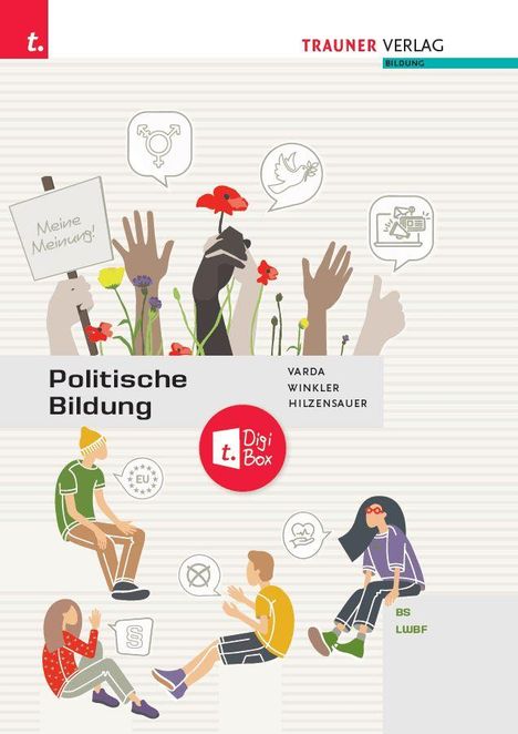 "Meine Meinung" und "Politische Bildung" in einem farbenfrohen Design mit Menschen, Symbolen und Pflanzen.