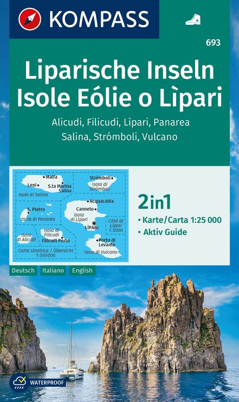 KOMPASS Wanderkarte 693 Liparische Inseln, Isole Eólie o Lìpari, Alicudi, Filicudi, Lìpari, Panarea, Salina, Strómboli, Vulcano 1:25.000, Karten