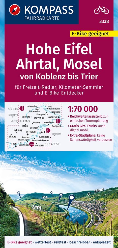 KOMPASS Fahrradkarte 3338 Hohe Eifel, Ahrtal, Mosel, von Koblenz bis Trier 1:70.000, Karten
