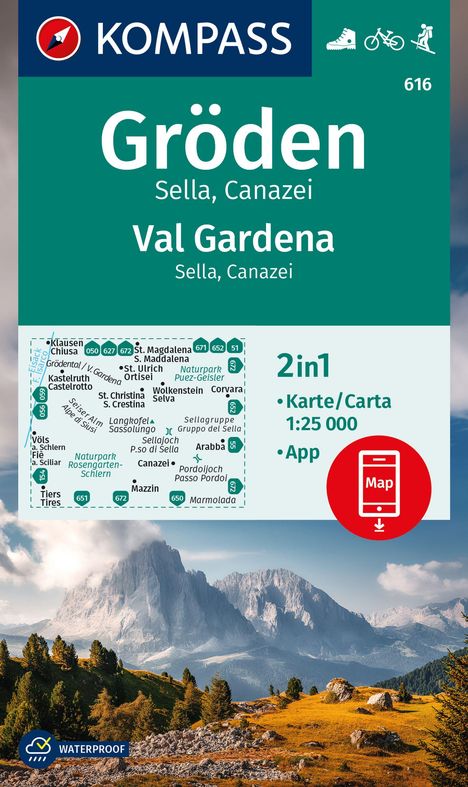 KOMPASS Wanderkarte 616 Gröden / Val Gardena, Sella, Canazei 1:25.000, Karten