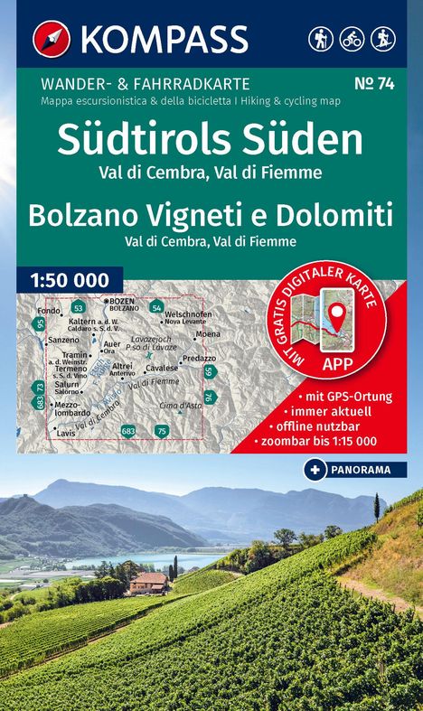 KOMPASS Wanderkarte 74 Südtirols Süden / Bolzano Vigneti e Dolomiti, Val di Cembra, Val di Fiemme 1:50.000, Karten