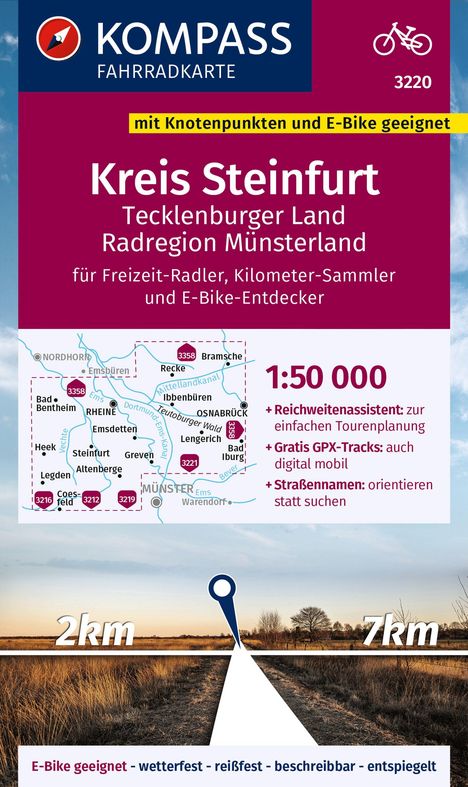KOMPASS Fahrradkarte 3220 Kreis Steinfurt, Tecklenburger Land, Radregion Münsterland mit Knotenpunkten 1:50.000, Karten