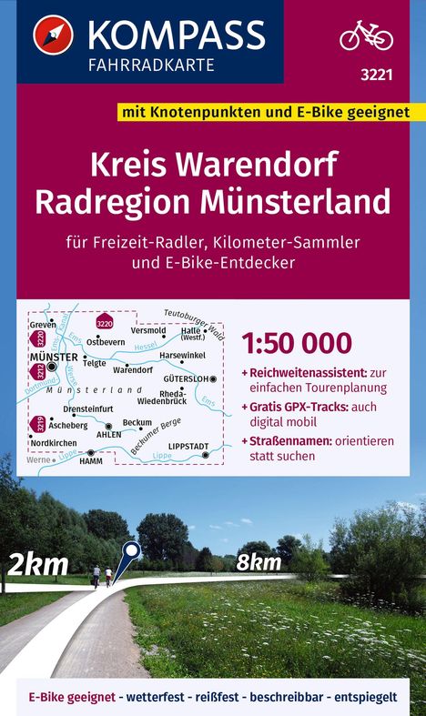KOMPASS Fahrradkarte 3221 Kreis Warendorf - Radregion Münsterland mit Knotenpunkten 1:50.000, Karten