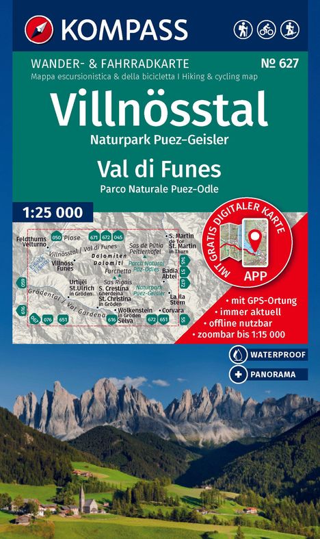 KOMPASS Wanderkarte 627 Villnösstal / Val di Funes, Naturpark Puez-Geisler / Parco Naturale Puez-Odle 1:25.000, Karten