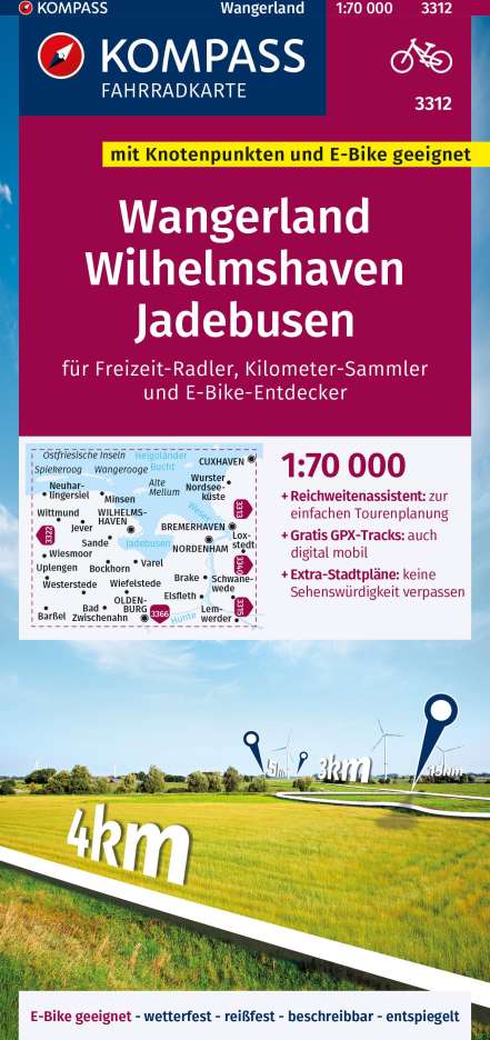 KOMPASS Fahrradkarte 3312 Wangerland, Wilhelmshaven, Jadebusen mit Knotenpunkten 1:70.000, Karten