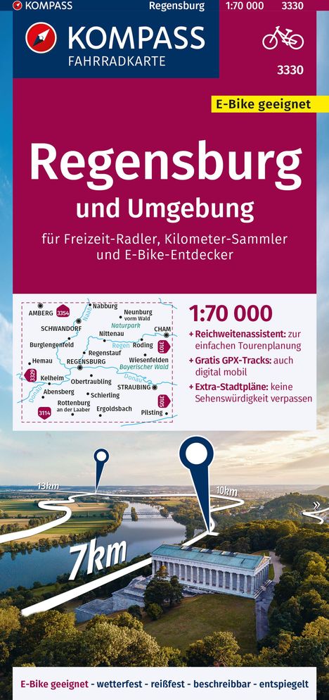 KOMPASS Fahrradkarte 3330 Regensburg und Umgebung 1:70.000, Karten