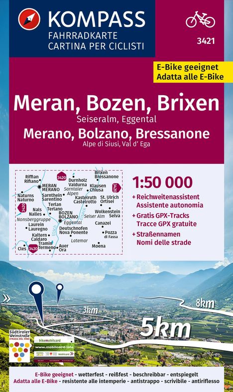 KOMPASS Fahrradkarte 3421 Meran, Bozen und Umgebung 1:50.000, Karten