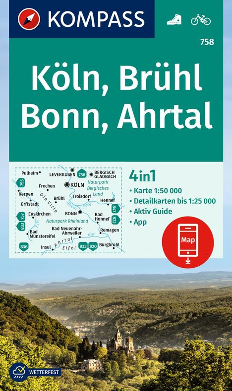 KOMPASS Wanderkarte 758 Köln, Brühl, Bonn, Ahrtal 1:50.000, Karten