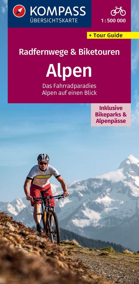 KOMPASS Radfernwegekarte Radfernwege &amp; Biketouren Alpen - Übersichtskarte 1:500.000, Karten