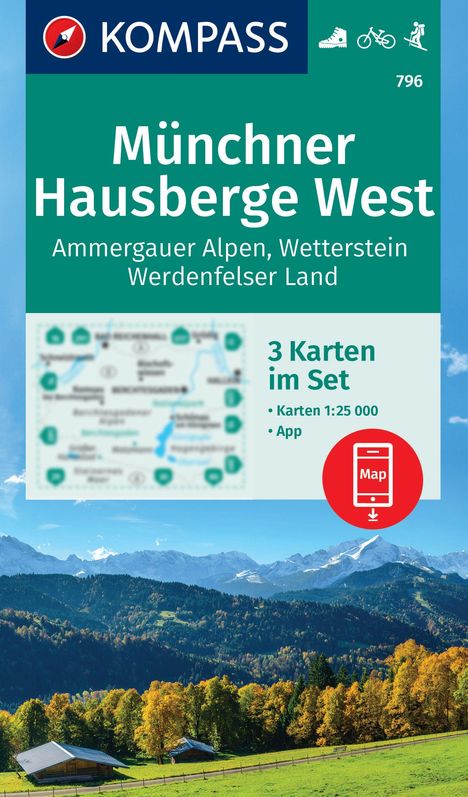 KOMPASS Wanderkarten-Set 796 Münchner Hausberge West, Ammergauer Alpen, Wetterstein, Werdenfelser Land (3 Karten) 1:25.000, Karten