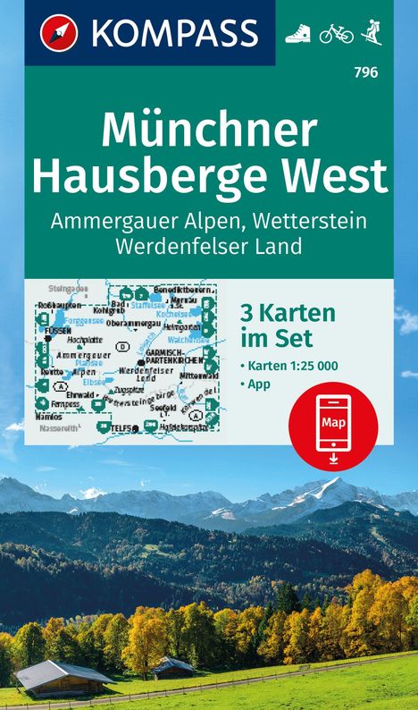 KOMPASS Wanderkarten-Set 796 Münchner Hausberge West, Ammergauer Alpen, Wetterstein, Werdenfelser Land (3 Karten) 1:25.000, Karten