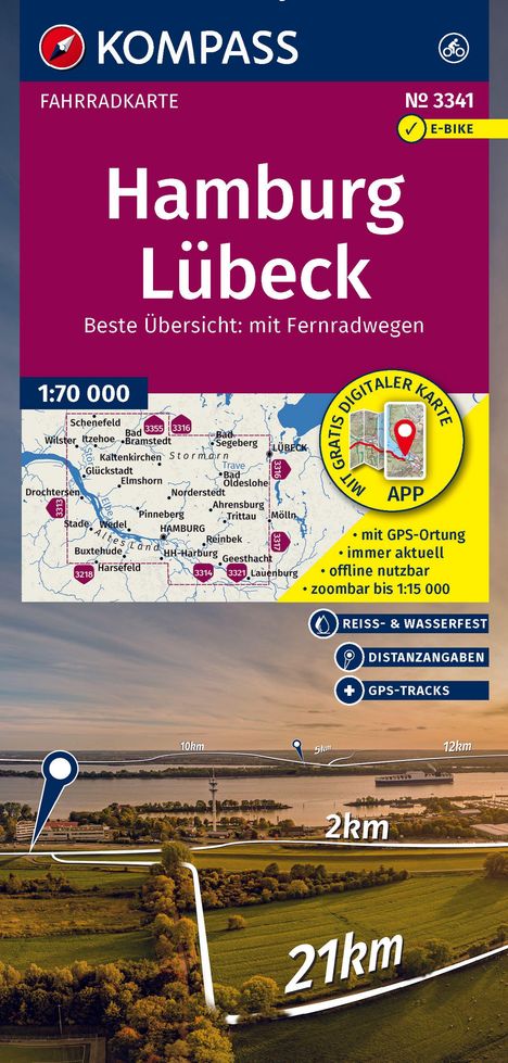 KOMPASS Fahrradkarte 3341 Hamburg, Lübeck 1:70.000, Karten