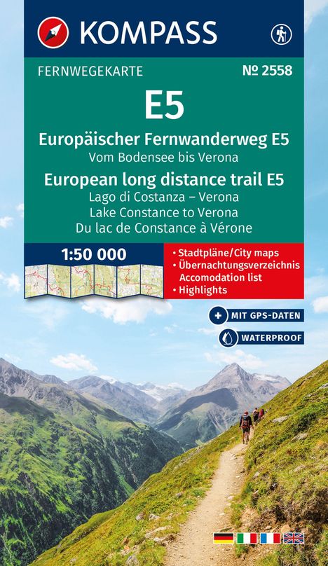 KOMPASS Wander-Tourenkarte Europäischer Fernwanderweg E5 Alpenüberquerung vom Bodensee bis Verona 1:50.000, Buch