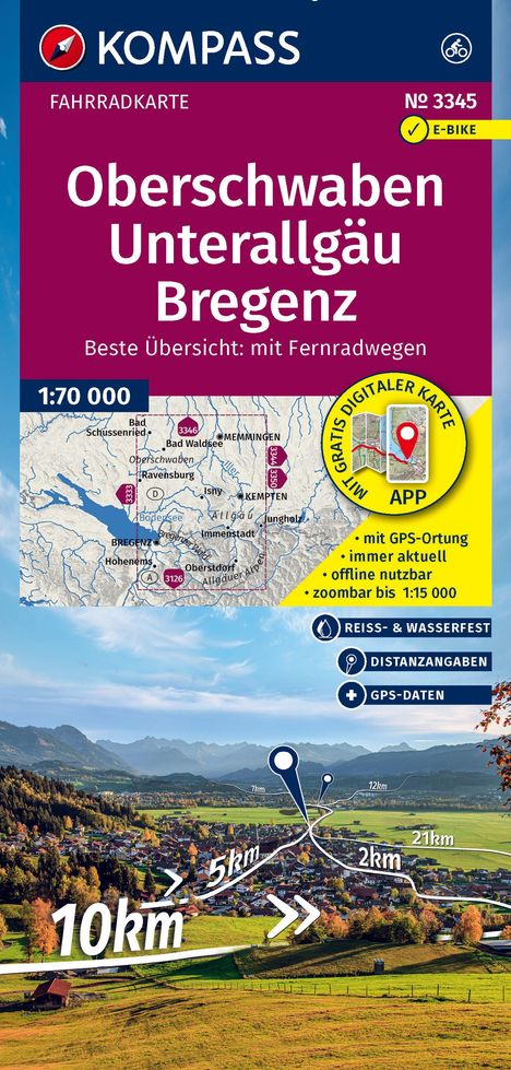 KOMPASS Fahrradkarte 3345 Oberschwaben, Unterallgäu, Bregenz 1:70.000, Karten