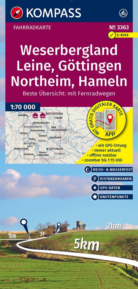 KOMPASS Fahrradkarte 3363 Weserbergland, Leine, Göttingen, Northeim, Hameln mit Knotenpunkten 1:70.000, Karten