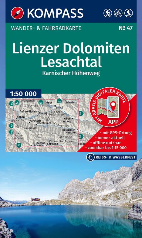 "Lienzer Dolomiten Lesachtal, 1:50 000. Gratis digitale Karte, App mit GPS-Ortung. Reiß- und wasserfest." Hintergrund: Berge und See.