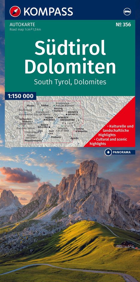 "KOMPASS, Autokarte, Südtirol Dolomiten, 1:150 000, kulturelle und landschaftliche Highlights. Berglandschaft mit Sonnenuntergang."