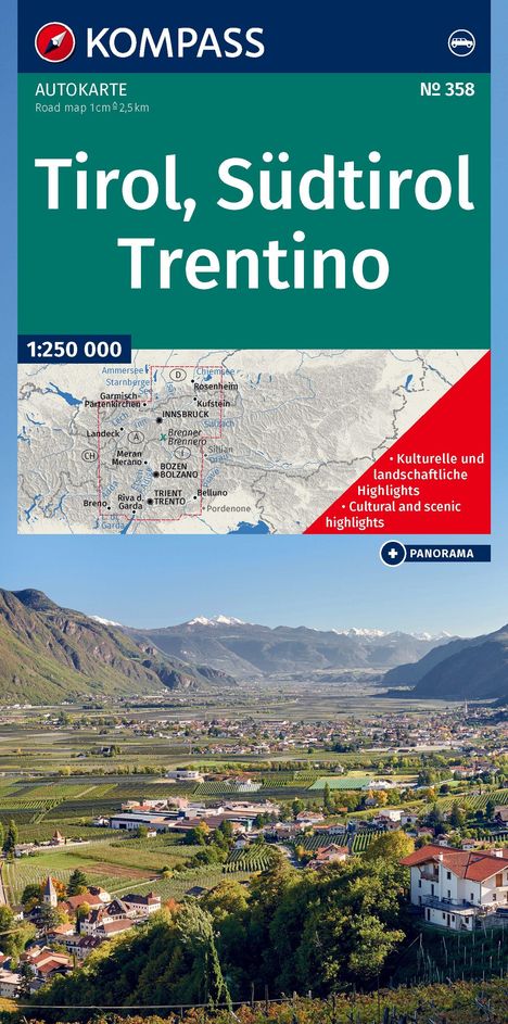 KOMPASS Nr. 358: Tirol, Südtirol, Trentino. Landkarte und farbenfrohe Talansicht mit Bergen im Hintergrund.