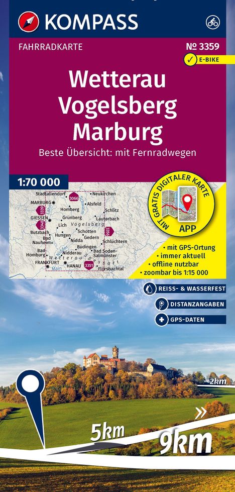 "Wetterau, Vogelsberg, Marburg", Fahrradkarte, E-Bike geeignet, Maßstab 1:70 000, reißfest, GPS-Daten, Burg im Hintergrund.